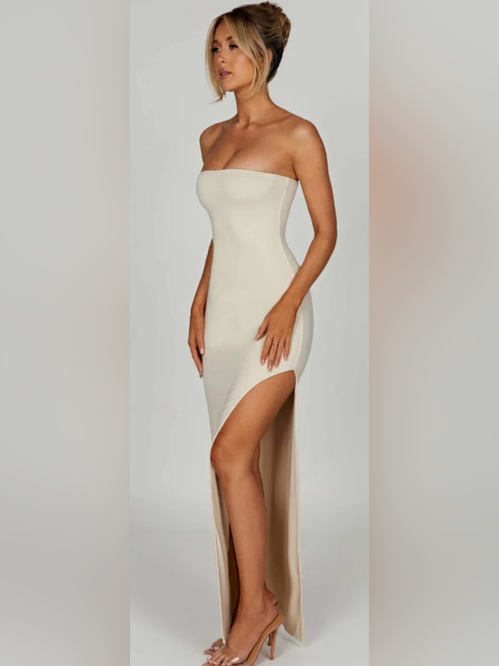 Babyboo Strapless Cream High-Slit Bodycon Dress L